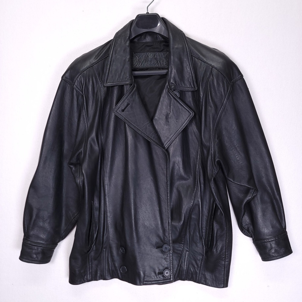GEORGETOWN Mens Vintage Double Breasted Leather Jacket Black Medium - Picture 12 of 12